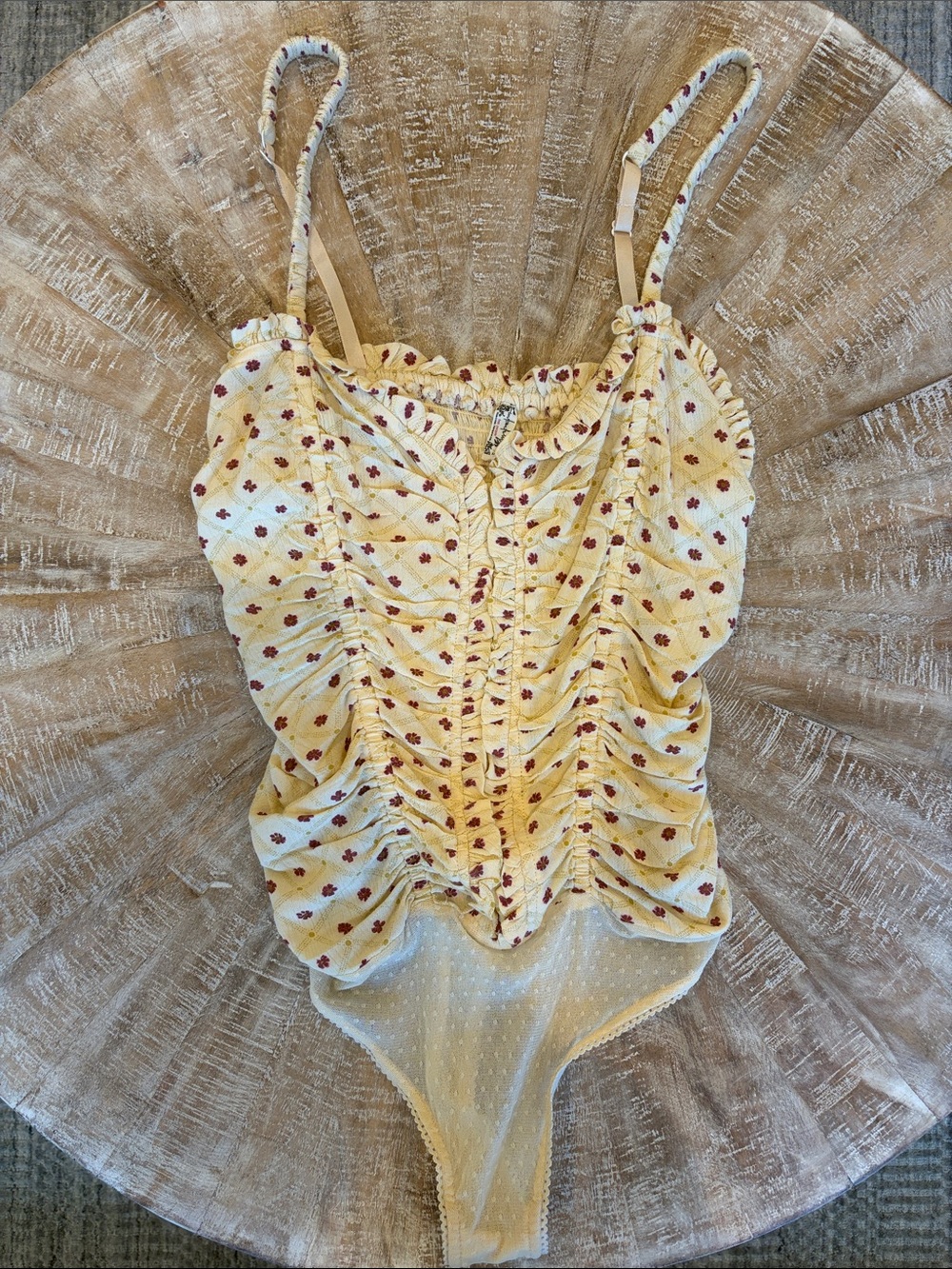 Free People Yellow Floral Ruched Bodysuit